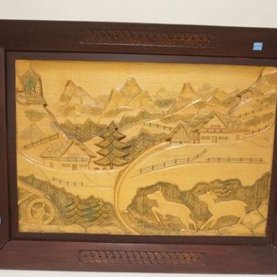 1167A	CARVED EUROPEAN SCENE OF VILLAGE WITH DEER, SIGNED, APPROXIMATELY 24 IN X 72 IN
