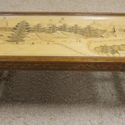 1167	HAND CARVED EUROPEAN GLASS TOP COFFEE TABLE, CARVING OF VILLAGE, ARTIST SIGNED, APPROXIMATELY 21 IN X 47 IN X 18 IN H

