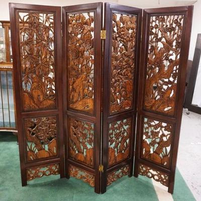 1023	4 PART WOOD CARVED ASIAN FOLDING SCREEN, DOUBLE SIDED FRETWORK, APPROXIMATELY 18 IN X 73 IN EACH PANEL
