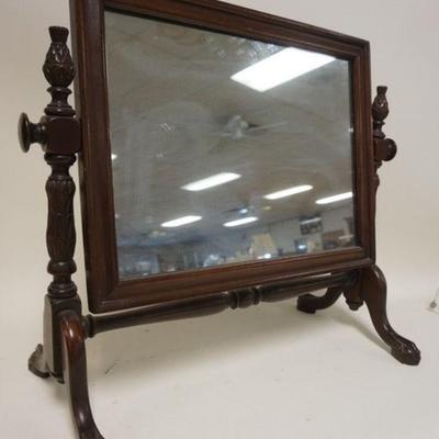 1297	WALNUT CARVED BALL AND CLAW FOOT DRESSER TOP MIRROR, APPROXIMATELY 21 IN X 19 IN H
