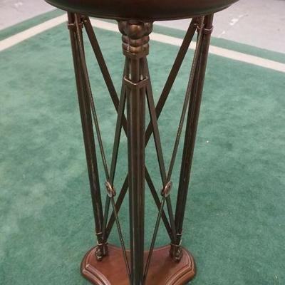 1036	ORNATE METAL & WOOD PEDESTAL W/GLASS INSET TOP & FAUX LEATHER RIM W/BRASS TACK ACCENTS, APPROXIMATELY 20 IN X 40 IN HIGH
