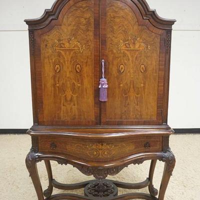 1001	OUTSTANDING ROSEWOOD DOUBLE DOOR CABINET, ARCHED TOP W/URN & FLOWER INLAY HAVING ONE DRAWER & CARVED CABRIOLE LEGS, APPROXIMATELY 44...