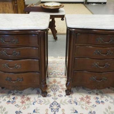 1047	PAIR OF BLACK CHERRY FRENCH PROVINCIAL STANDS, 4 DRAWER, MARBLE TOP, HOLE IN ONE MARBLE TOP, APPROXIMATELY 16 IN X 24 IN X 29 IN HIGH
