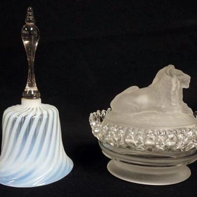 1252	IMPERIAL GLASS OVAL FROSTED LION COVERED DISH AND BLOWN GLASS OPALESCENT SWIRL IN THE FORM OF A BELL, APPROXIMATELY 10 1/4 IN H
