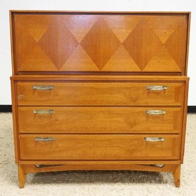 1017	MIDCENTURY MODERN FALL FRONT CHEST OF DRAWERS HAVING 5 DRAWERS 2 CONCEALED W/DIAMOND INLAID FRONT, APPROXIMATELY 44 IN X 20 IN X 47...
