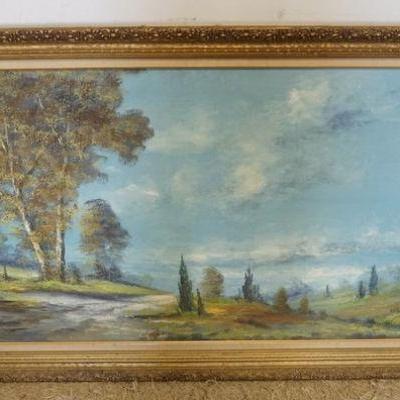 1295	FRAMED OIL PAINTING ON CAVAS LANDSCAPE WITH BIRCH TREES, APPROXIMATELY 30 IN X 54 IN
