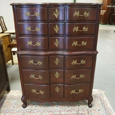 1045	BLACK CHERRY FRENCH PROVINCIAL HIGH CHEST, 6 DRAWER, APPROXIMATELY 21 IN X 38 IN X 52 IN HIGH
