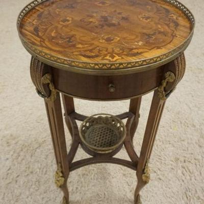 1213	FRENCH INLAID 1 DRAWER STAND WITH METAL MOUNTS AND TRIM WITH METAL BASKET AT CENTER BASE, APPROXIMATELY 17 1/2 IN X 31 IN
