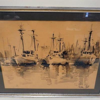 1272	MOSHE GAT SIGNED INK ON PAPER, BOATS IN HARBOR, APPROXIMATELY 24 IN X 30 IN OVERALL
