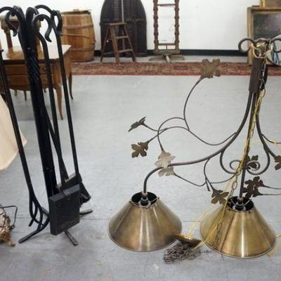 1217	LOT WITH POOL TABLE HANGING LIGHT, FIREPLACE TOOLS, METAL AND MARBLE TABLE LAMP. POOL LIGHT NEEDS SOCKET REPAIRED
