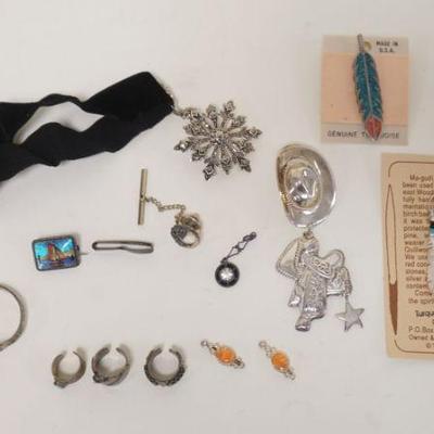 1161	MISC. JEWELRY LOT INCLUDES STERLING. LOT INCLUDES CUFF EARRINGS, TURQUOISE PIN & CUFF EARRING (NOT MARKED SILVER) AN UNUSUALLY SMALL...