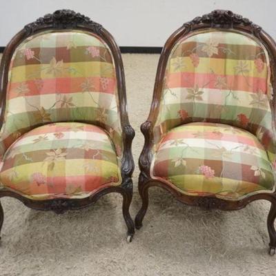 1210	PAIR OF CARVED WALNUT VICTORIAN UPHOLSTERED ARM CHAIRS, DAMAGE TO UPHOLSTRY
