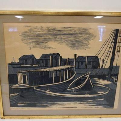 1281	MOSHE GAT SIGNED AND DATED PRINT *MEXICO* OF BOATS AT DOCK 1959, APPROXIMATELY 28 IN X 31 1/2 IN OVERALL
