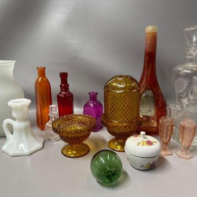 Assorted Colored Glass- Vintage Fish Float, Milk Glass, Colored Bottles and more