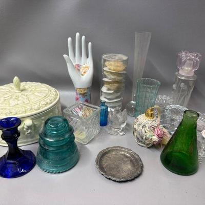 Assorted Glass, Vintage Insulator, Ceramic Bowl with Lid, Ceramic Hand and Candles