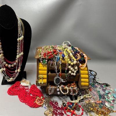 Jewelry Box with Assorted Costume Jewelry Music Box Works STAND NOT INCLUDED