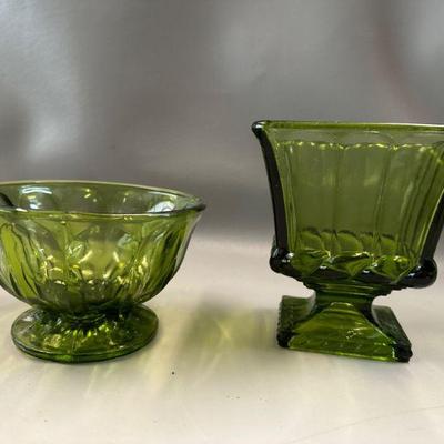  Vintage Green Footed Vase and Bowl