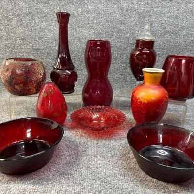 Assorted Red Glass- Vases, bowls and more