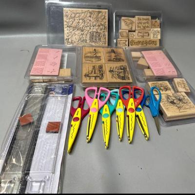 Assorted Crafting Supplies- Decorative Edge Scissors and Rubber Stamps