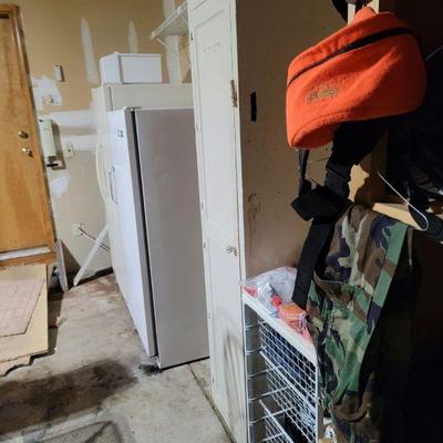 Hunting Items in Blaze Orange, Freezer & Refrigerator ~ Tall white storage cabinet