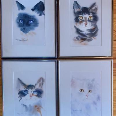 Four cat watercolors by Ct. artist Robert Noreika AWS. These are very nice