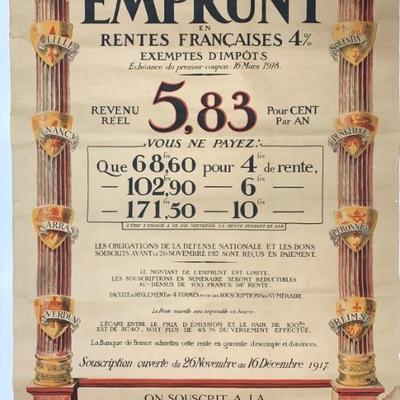 Original 1917 WWI  Banque de France Defense Nationale poster 25 1/2 x 39 1/4â€