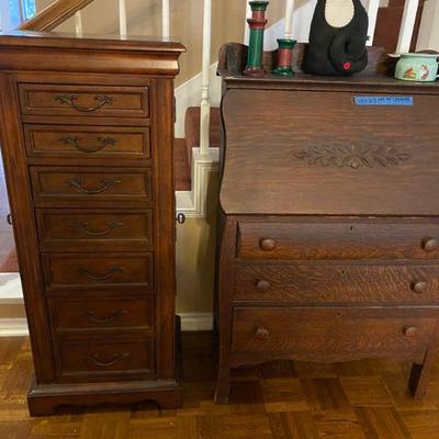 Antique Oak Secretary and tall Jewelry Chest