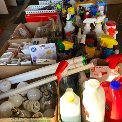 Garage items, light bulbs, spray bottles and more