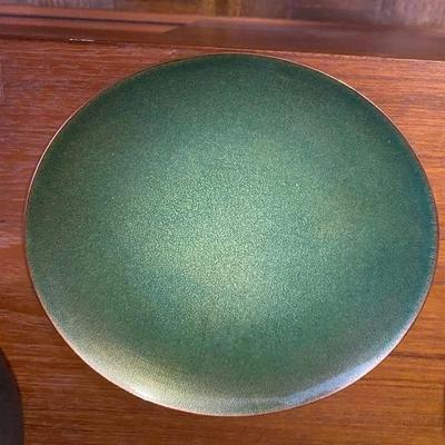 Green Enamelware Plate signed by Jade Snow Wong