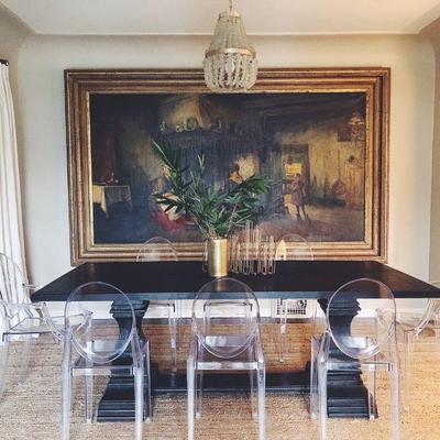 Trestle dining table and ghost chairs (8 chairs available)