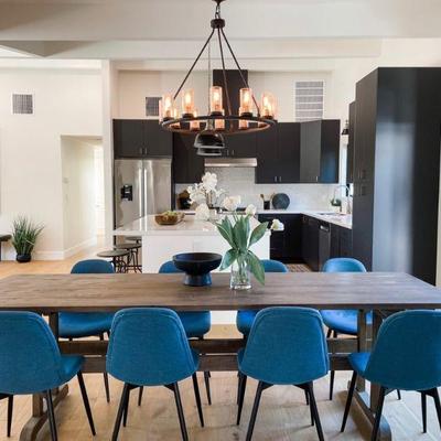 8 blue velveteen dining chairs