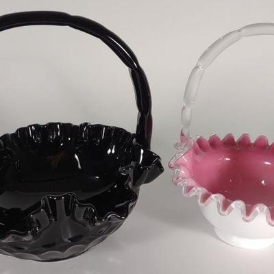 (2) Fenton Black Thumbprint & Peach Crest Baskets
