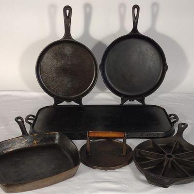 6 Cast iron Pans Griddles & Press (Incl Griswold)