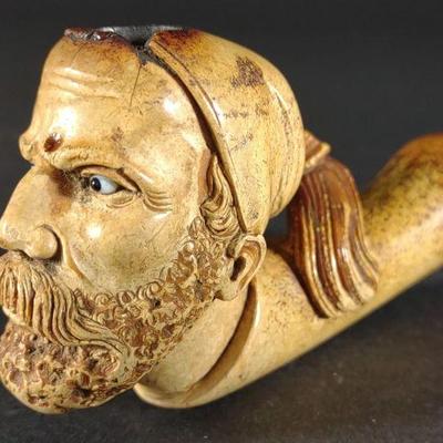 Antique Meerschaum Carved Head Pipe w/ Glass Eyes