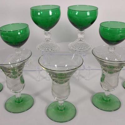9 pc Vintage Green Glass Liquor Glasses & Boopies
