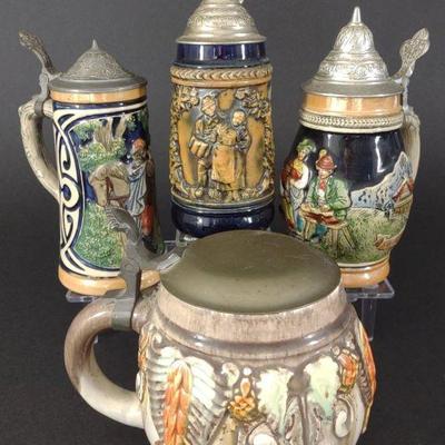 4 Vintage German Beer Steins