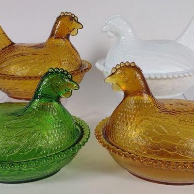 4 Indiana Glass Nesting Hen Covered Dishes