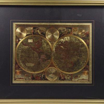 Gold Foil Print of 1651 World Map in Frame