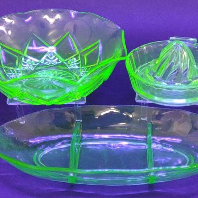 (3) Uranium Glass Bowl, Juicer & Relish Dish