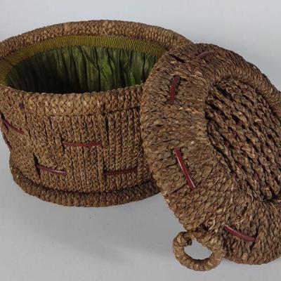 Victorian Silk Tufted Wicker Sewing Basket