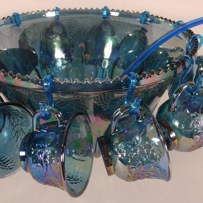 Iridescent Blue Carnival Glass Punch Bowl Set