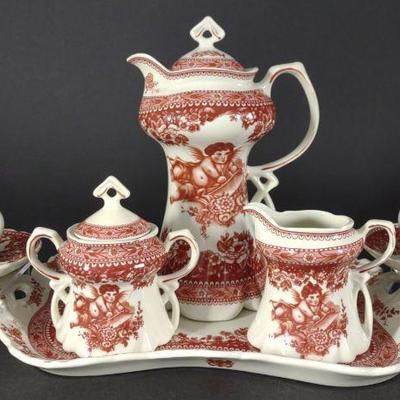 8 pc Red Cherub Decorated Porcelain Tea Set