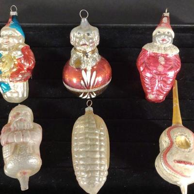 6 Vintage Figural Glass Christmas Ornaments