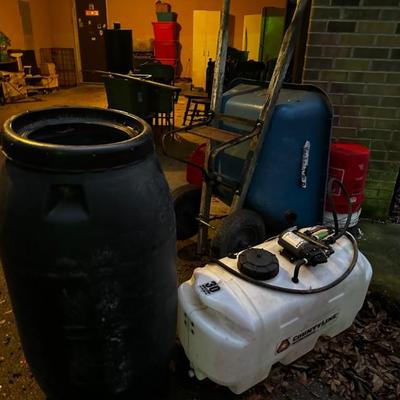 Sprayer, barrel, wheelbarrow 