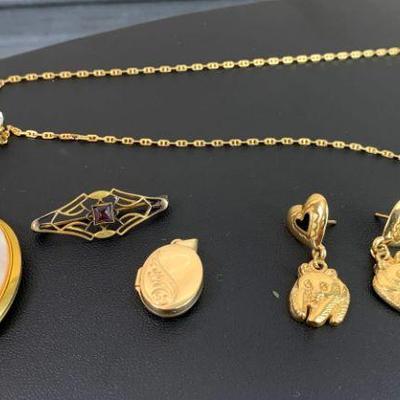 16â€ Italy Gold Over Sterling Chain * 2~ Gold Toned Lockets, Earrings & Vintage Pin