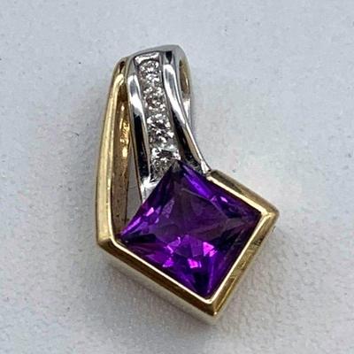 14K Gold Pendant * Amethyst & 4 Small Diamonds