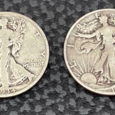 1934 & 1945 US Walking Liberty Silver Half Dollar Coins