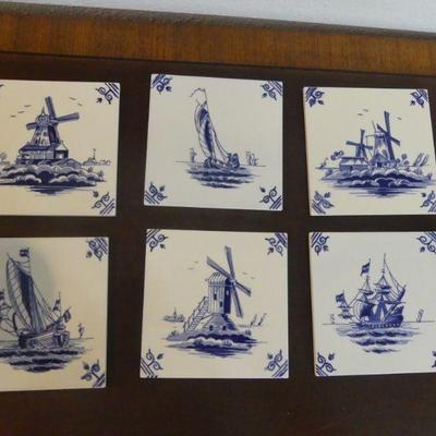 Vintage 1989 Plimoth Plantation Delft Blue Tiles - 6 in All - Ships & Windmills (3 of Each)