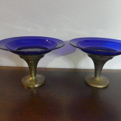 Antique Pair of Cobalt Blue Blown Glass Compotes on Brass Pedestals