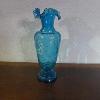 Antique Turn-of-the-Century Blue Glass Ruffled Top Vase